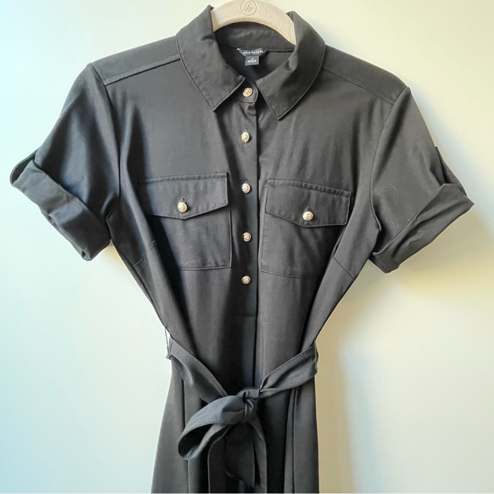 Ann Taylor Black Belted Midi Button-Down Shirt Dress Classic Gold Buttons XS
